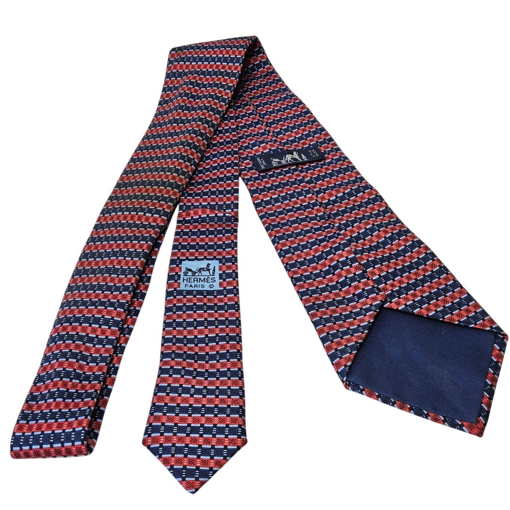 Hermes Silk Tie Mens One Size Red Blue Geometric Micro Pattern 816 EA France - Picture 7 of 11